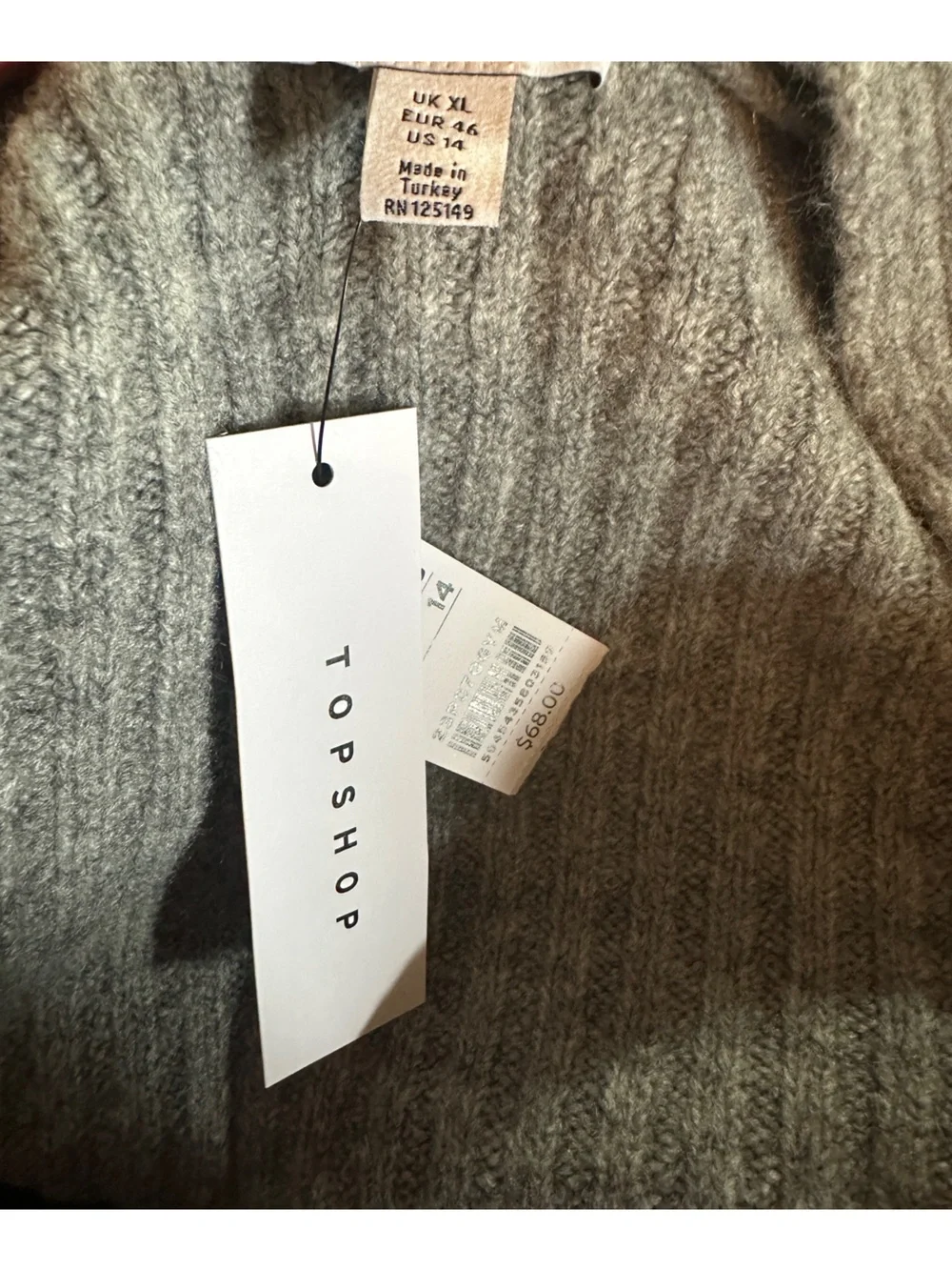 Topshop Longline Grey Open Cardigan with Pockets, Size XL (14), NWT